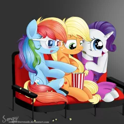 Size: 2000x2000 | Tagged: safe, artist:songbirdserenade, derpibooru import, applejack, rainbow dash, rarity, earth pony, pegasus, pony, unicorn, 3d glasses, cinema, clothes, dress, female, food, high res, mare, popcorn, straw