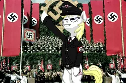 Size: 1400x931 | Tagged: safe, artist:anonymous, deleted from derpibooru, derpibooru import, oc, oc:aryanne, unofficial characters only, pony, banner, bipedal, clothes, flag, germany, hat, heil, military, nazi, nazi armband, parade, park, photoshop, schutzstaffel, swastika, uniform