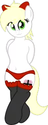 Size: 1500x3900 | Tagged: suggestive, artist:anonymous, derpibooru import, oc, oc:kyrie, unofficial characters only, pegasus, pony, aryan, aryan pony, belly button, bipedal, blonde, bow, catface, clothes, cute, lingerie, nazi, nazipone, panties, red underwear, simple background, socks, trace, transparent background, underwear, vector