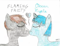 Size: 1640x1259 | Tagged: safe, derpibooru import, oc, oc:flaming frets, oc:ocean ripple, unofficial characters only, pony, crayon drawing, heart, oc x oc, shipping, traditional art