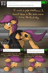 Size: 1500x2250 | Tagged: semi-grimdark, artist:conmanwolf, derpibooru import, scootaloo, pony, ask factory scootaloo, fanfic:rainbow factory, battery, blood, clothes, comic, factory scootaloo, pipe (plumbing), recording