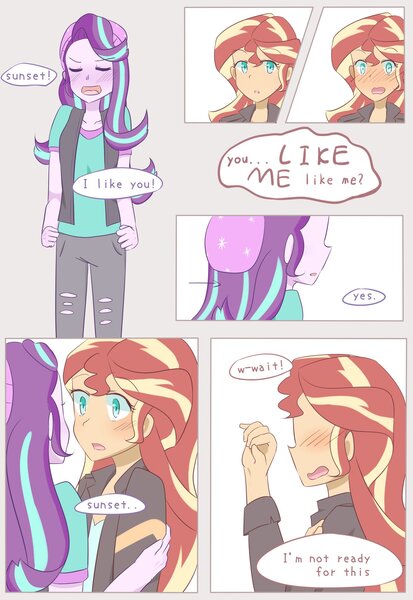 Size: 1409x2048 | Tagged: safe, artist:yuck, derpibooru import, starlight glimmer, sunset shimmer, equestria girls, beanie, blushing, colored pupils, comic, confession, dialogue, female, hat, lesbian, love, shimmerglimmer, shipping