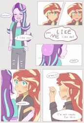 Size: 1409x2048 | Tagged: safe, artist:yuck, derpibooru import, starlight glimmer, sunset shimmer, equestria girls, beanie, blushing, colored pupils, comic, confession, dialogue, female, hat, lesbian, love, shimmerglimmer, shipping