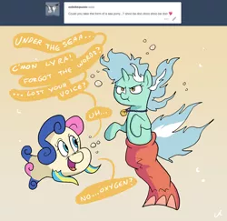 Size: 2100x2040 | Tagged: safe, artist:docwario, derpibooru import, bon bon, lyra heartstrings, sweetie drops, fish, pony, unicorn, ask, askblankbon, bubble, clothes, costume, dialogue, female, flounder, holding breath, lesbian, lyra is not amused, lyrabon, lyriel, shipping, simple background, speech bubble, the little mermaid, transformation, tumblr, underwater, yellow background