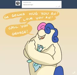 Size: 2100x2036 | Tagged: safe, artist:docwario, derpibooru import, bon bon, lyra heartstrings, sweetie drops, pony, unicorn, abominable snowman, and call him george, ask, askblankbon, dialogue, female, hug, lesbian, looney tunes, lyra is not amused, lyrabon, shipping, simple background, smothering, speech bubble, transformation, tumblr, yellow background