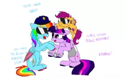 Size: 1024x640 | Tagged: safe, artist:doodletheexpoodle, derpibooru import, rainbow dash, scootaloo, twilight sparkle, twilight sparkle (alicorn), alicorn, pony, arrested, bound wings, cuffs, horn ring, magic suppression, shackles, sunglasses