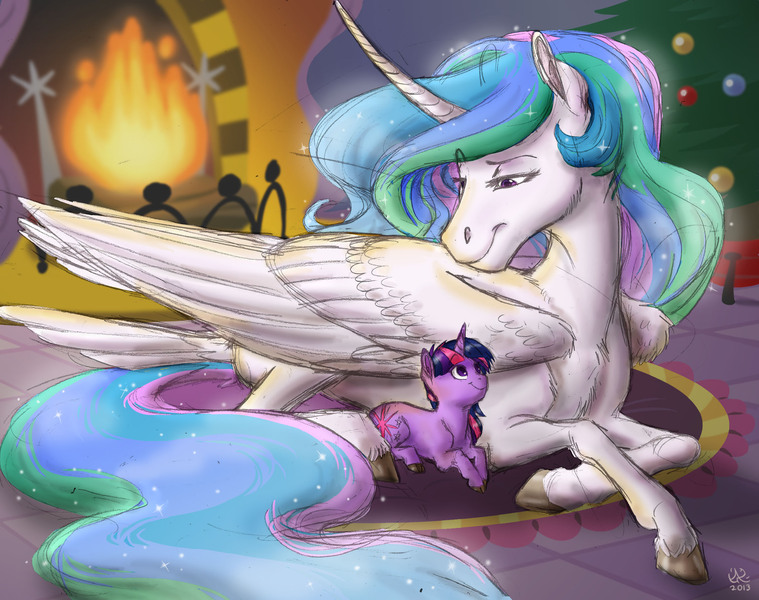 Size: 2296x1816 | Tagged: safe, artist:earthsong9405, artist:malimarthemage, derpibooru import, princess celestia, twilight sparkle, alicorn, pony, unicorn, chest fluff, collaboration, colored, curved horn, cute, female, filly, filly twilight sparkle, fireplace, mare, momlestia, prone, size difference, smiling, smol, unshorn fetlocks, wing fluff, younger