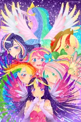 Size: 3150x4746 | Tagged: action poster, alicorn, alicorn humanization, applejack, artist:monicherrie, colored pupils, color porn, crying, derpibooru import, female, fluttershy, happy, horned humanization, human, humanized, looking at you, mane six, pinkie pie, princess celestia, rainbow dash, rainbow power, rainbow power-ified, rarity, safe, spread wings, tears of joy, twilight sparkle, twilight sparkle (alicorn), wingding eyes, winged humanization, wings