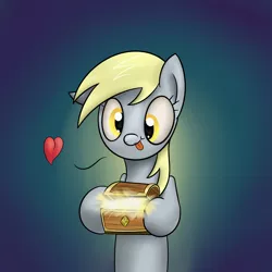 Size: 2500x2500 | Tagged: safe, artist:marmorexx, derpibooru import, derpy hooves, pegasus, pony, bipedal, female, glow, gradient background, heart, hoof hold, mare, solo, tongue out, treasure chest