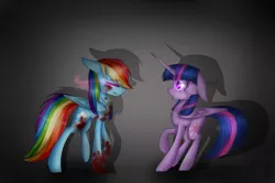 Size: 2674x1780 | Tagged: semi-grimdark, artist:fellabyss, derpibooru import, rainbow dash, twilight sparkle, twilight sparkle (alicorn), alicorn, pegasus, pony, blood, crying, eyes closed, female, injured, mare, sad