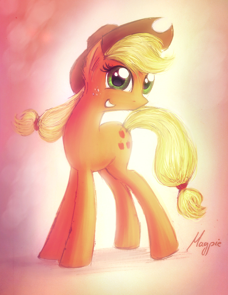 Size: 1000x1293 | Tagged: safe, artist:theflyingmagpie, derpibooru import, applejack, pony, grin, smiling, solo