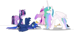 Size: 1320x571 | Tagged: safe, artist:byteslice, derpibooru import, princess cadance, princess celestia, princess luna, twilight sparkle, twilight sparkle (alicorn), alicorn, pony, .svg available, bangs, hair over eyes, hilarious in hindsight, lol, simple background, svg, transparent background, vector, wet, wet mane