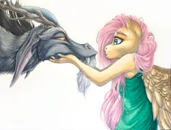 Size: 800x609 | Tagged: safe, artist:chasingthesilverstag, derpibooru import, discord, fluttershy, anthro, alternate universe, clothes, dress, hand on cheek, looking at each other, simple background, traditional art, white background