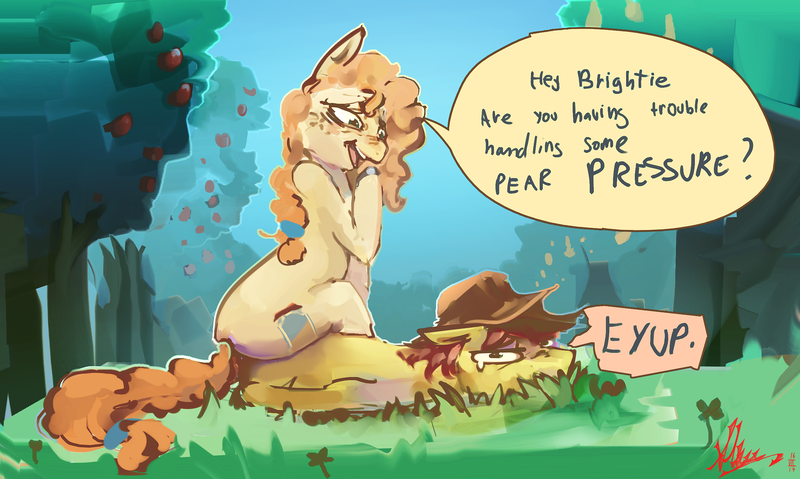 Size: 2572x1541 | Tagged: safe, artist:alumx, derpibooru import, bright mac, pear butter, earth pony, pony, the perfect pear, apple tree, brightbutter, crying, dialogue, female, floppy ears, grass, lidded eyes, male, mare, open mouth, prone, pun, scenery, shipping, smiling, smug, speech bubble, stallion, straight, tree