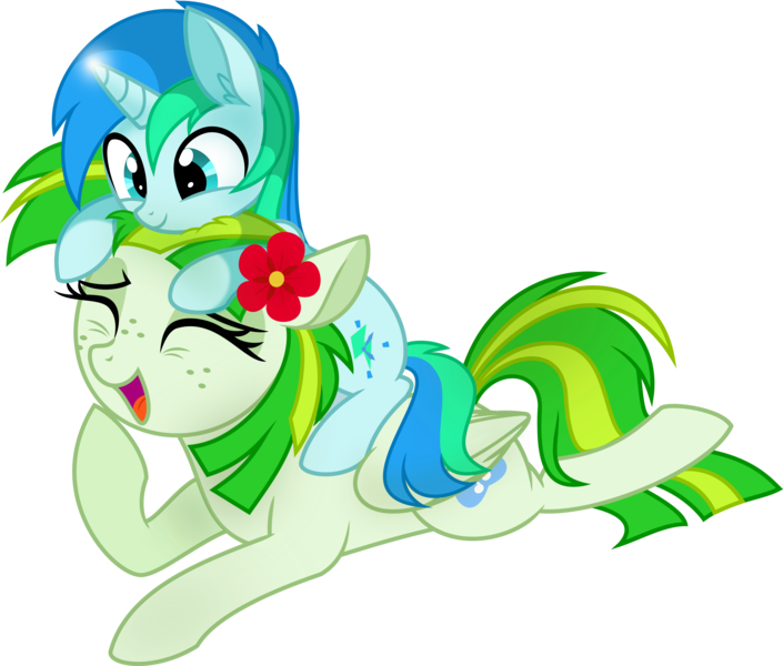 Size: 4110x3500 | Tagged: safe, artist:aureai, derpibooru import, oc, oc:cyan lightning, oc:green lightning, unofficial characters only, pegasus, pony, unicorn, .svg available, colt, duo, ear fluff, eyes closed, female, flower, flower in hair, folded wings, freckles, happy, laughing, magic, male, mare, mother and son, open mouth, pony hat, prone, raised hoof, simple background, smiling, transparent background, vector