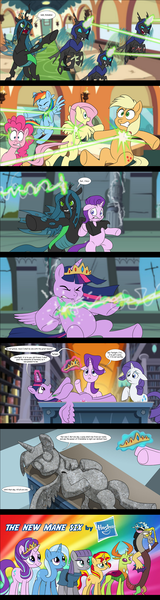 Size: 762x2855 | Tagged: safe, artist:atariboy2600, derpibooru import, applejack, discord, fluttershy, maud pie, pinkie pie, queen chrysalis, rainbow dash, rarity, starlight glimmer, sunset shimmer, thorax, trixie, twilight sparkle, twilight sparkle (alicorn), alicorn, changedling, changeling, draconequus, pony, unicorn, comic, death, female, laser, mane six, mare, petrification, the transformers: the movie, this will end in tears, transformers