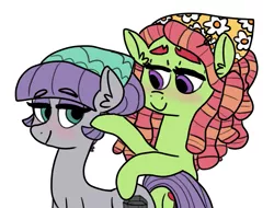 Size: 1025x778 | Tagged: safe, artist:sodaaz, derpibooru import, maud pie, tree hugger, earth pony, pony, alternate hairstyle, bandana, blushing, crack shipping, ear fluff, female, lesbian, looking at each other, maudhugger, shipping, simple background, white background