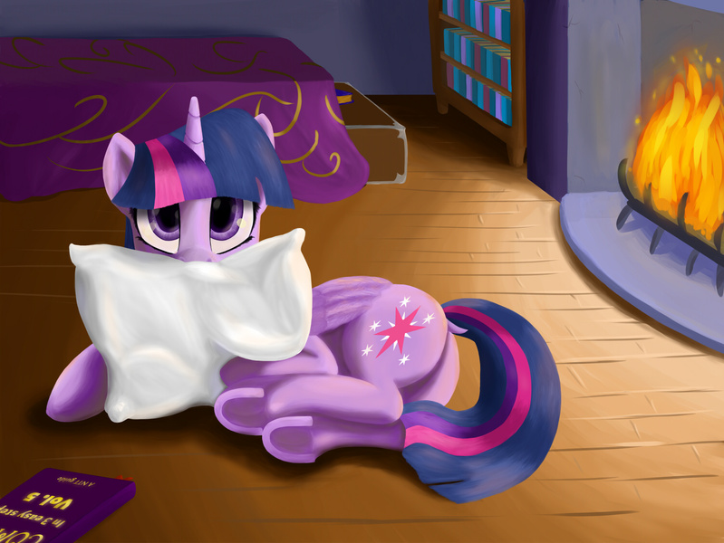 Size: 1500x1126 | Tagged: safe, artist:yukkuripalehorse, derpibooru import, twilight sparkle, twilight sparkle (alicorn), alicorn, pony, bed, book, cute, dock, fireplace, looking at you, pillow, plot, solo, twiabetes