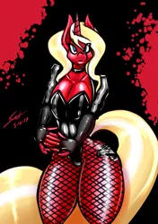 Size: 1073x1526 | Tagged: suggestive, artist:saliantsunbreeze, derpibooru import, oc, oc:scarlet rose, unofficial characters only, anthro, unicorn, black canary, blonde, breasts, clothes, cosplay, costume, dc comics, female, fishnets, latex, solo, solo female, superhero