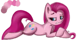 Size: 1231x649 | Tagged: safe, artist:mintatheena, derpibooru import, pinkie pie, earth pony, pony, blushing, color palette, female, looking back, lying down, mare, pinkamena diane pie, simple background, solo, transparent background