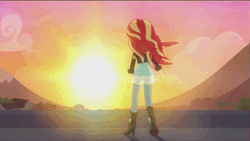 Size: 531x300 | Tagged: safe, derpibooru import, screencap, sunset shimmer, equestria girls, my past is not today, rainbow rocks, animated, boots, clothes, gif, hair, horizon, jeans, mountain, pants, shoes, sunset