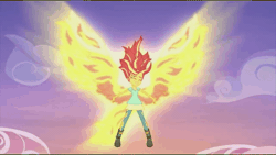 Size: 602x340 | Tagged: safe, derpibooru import, screencap, sunset shimmer, equestria girls, my past is not today, rainbow rocks, animated, fiery shimmer, fiery wings, gif, happy, sunset phoenix