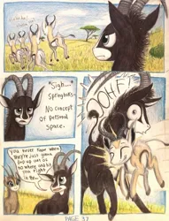 Size: 1080x1416 | Tagged: acacia tree, africa, animal in mlp form, antelope, artist:thefriendlyelephant, bush, cloven hooves, comic, comic:sable story, derpibooru import, giant sable antelope, grass, horns, impact, oc, oc:sabe, oc:uganda, pronking, safe, savanna, speech bubble, springbok, traditional art, unofficial characters only