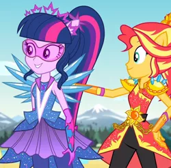 Size: 1099x1080 | Tagged: safe, derpibooru import, screencap, sci-twi, sunset shimmer, twilight sparkle, equestria girls, legend of everfree, bracelet, clothes, cropped, crown, crystal, crystal guardian, crystal wings, jewelry, ponied up, regalia, scitwilicorn, suit, super ponied up