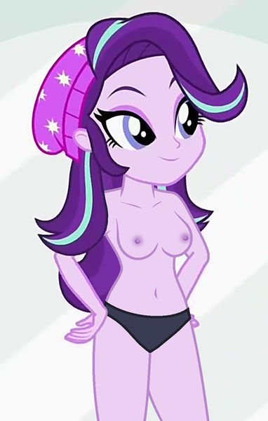 Size: 446x700 | Tagged: questionable, derpibooru import, edit, edited screencap, editor:ah96, screencap, starlight glimmer, human, equestria girls, mirror magic, spoiler:eqg specials, beanie, belly button, black underwear, breast edit, breasts, busty starlight glimmer, cleavage, clothes, cropped, female, hand on hip, hat, midriff, nipples, nude edit, nudity, panties, partial nudity, partial nudity edit, smiling, solo, solo female, topless, topless edit, underwear