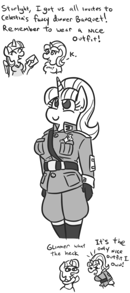 Size: 427x962 | Tagged: safe, artist:jargon scott, derpibooru import, starlight glimmer, twilight sparkle, twilight sparkle (alicorn), alicorn, anthro, unicorn, banquet, clothes, dialogue, dictator, equal sign, equality, heck, meme, monochrome, stalin glimmer, uniform, wow! glimmer