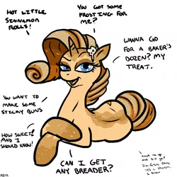 Size: 900x900 | Tagged: suggestive, artist:pony quarantine, derpibooru import, rarity, food pony, original species, pony, unicorn, butter, cinnamon bun, crossed legs, dialogue, female, flirting, food, lidded eyes, looking at you, mare, open mouth, prone, pun, raised eyebrow, simple background, smiling, solo, solo female, species swap, wat, white background