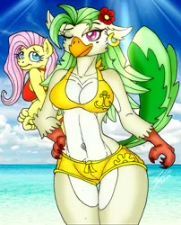 Size: 1750x2170 | Tagged: anthro, artist:bluewolfavenger, beach, beak, breasts, busty captain celaeno, busty fluttershy, captain celaeno, claws, cleavage, clothes, cloud, derpibooru import, ear piercing, earring, flower, flower in hair, fluttershy, jewelry, my little pony: the movie, ocean, one eye closed, piercing, pubic fluff, real life background, red swimsuit, shorts, suggestive, swimsuit, wink, yellow swimsuit