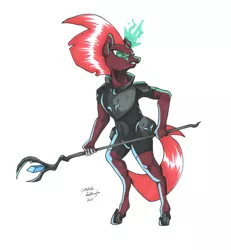 Size: 800x866 | Tagged: safe, artist:melindaington, derpibooru import, tempest shadow, anthro, unguligrade anthro, unicorn, my little pony: the movie, broken horn, magic, realistic horse legs, simple background, solo, sparking horn, staff, staff of sacanas, white background