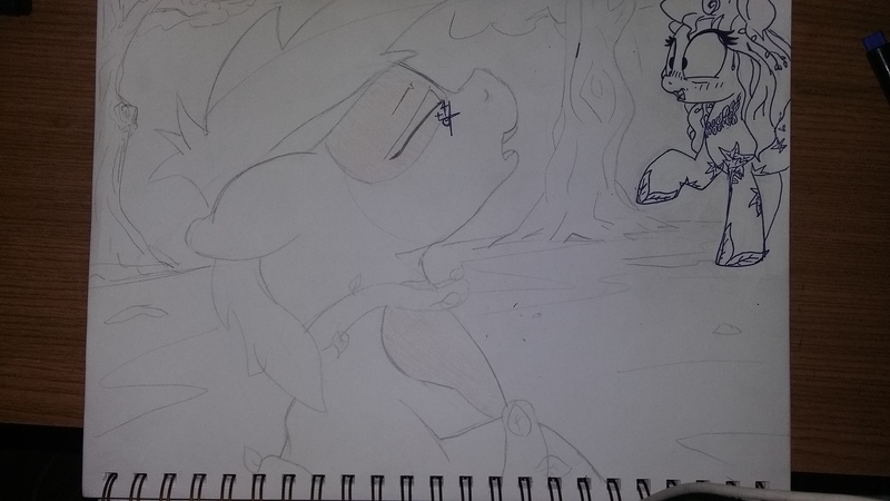 Size: 3264x1836 | Tagged: suggestive, artist:fatalqueef, derpibooru import, oc, unofficial characters only, plant pony, pony, 4chan, drawthread, female, male, mare, monochrome, stallion, sweat, sweatdrop, tentacles, traditional art, tree, wavy mouth