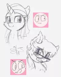 Size: 600x750 | Tagged: safe, artist:malwinters, derpibooru import, oc, oc:sunny days, oc:wind chime, unofficial characters only, bat pony, pegasus, pony, :t, cheek fluff, chest fluff, ear fluff, ear piercing, expressions, fangs, glasses, monochrome, piercing, sketch