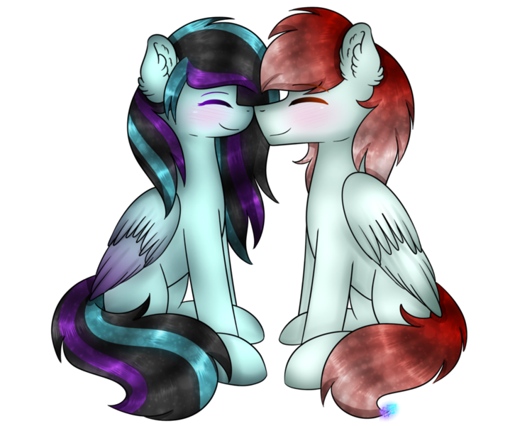 Size: 1024x819 | Tagged: safe, artist:northlights8, derpibooru import, oc, unofficial characters only, pegasus, pony, blushing, eyes closed, female, happy, male, mare, oc x oc, shipping, simple background, stallion, straight, transparent background