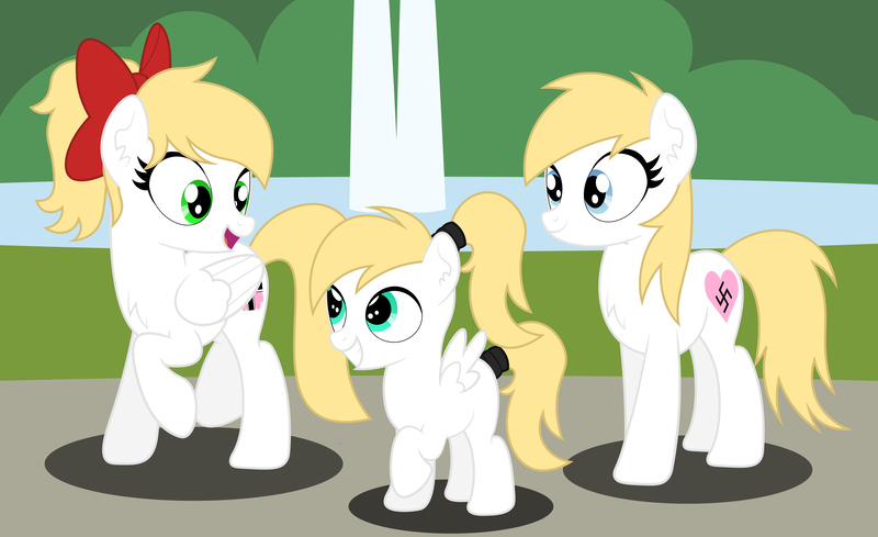 Size: 6530x3993 | Tagged: safe, artist:rainbowsurvivor, derpibooru import, oc, oc:aryanne, oc:kyrie, oc:luftkrieg, unofficial characters only, earth pony, pegasus, pony, aryan, aryan pony, blonde, bow, bush, cutie mark, female, filly, foal, folded wings, hair bow, hairband, mare, mother and daughter, nazi, nazipone, park, ponytail, simple background, sisters, smiling, spread wings, standing, swastika, tree, trio, walking, wings