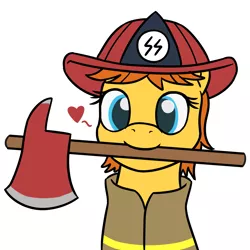 Size: 1280x1281 | Tagged: safe, anonymous artist, derpibooru import, oc, oc:fireaxe, unofficial characters only, earth pony, pony, /mlpol/, adorable face, axe, bust, clothes, coat, cute, emoji, face, fire department, fire suit, firefighter, firefighter helmet, hat, heart, helmet, holding, looking at you, male, mouth hold, rwss, safety, safety vest, schutzstaffel, short hair, short mane, simple background, smiling, stallion, weapon, white background