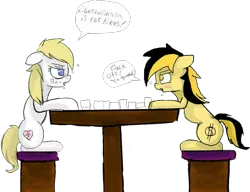 Size: 937x718 | Tagged: safe, artist:anonymous, artist:otherdrawfag, color edit, derpibooru import, edit, oc, oc:aryanne, oc:leslie fair, unofficial characters only, pony, /mlpol/, alcohol, argument, blushing, chair, colored, dialogue, drunk, duo, duo female, female, glasses, mare, nazipone, politics, table, tavern