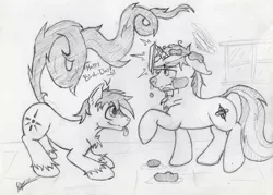 Size: 3254x2329 | Tagged: safe, artist:kassc, derpibooru import, oc, oc:gyro tech, oc:losian, unofficial characters only, pony, unicorn, cake, food, monochrome, traditional art