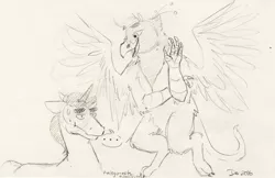 Size: 2526x1634 | Tagged: safe, artist:kairyu, derpibooru import, oc, oc:gyro feather, oc:gyro tech, unofficial characters only, gryphon, griffonized, self ponidox, species swap, spread wings, traditional art, wings