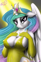 Size: 1600x2400 | Tagged: suggestive, artist:metalbladepegasus, derpibooru import, princess celestia, alicorn, anthro, pony, bedroom eyes, big breasts, breasts, busty princess celestia, clothes, crown, curved horn, cutie mark, erect nipples, ethereal mane, evening gloves, female, flowing mane, gloves, hands on breasts, jewelry, large wings, long gloves, looking at you, mare, multicolored mane, nipple outline, nipples, praise the sun, regalia, royalty, sexy, smiling, solo, solo female, stupid sexy celestia, tiara, wings