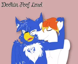 Size: 2430x2000 | Tagged: safe, artist:dookin, derpibooru import, oc, oc:clyne griffon, oc:dookin foof lord, unofficial characters only, anthro, gryphon, chest fluff, cute, fluffy, gay, happy, male, oc x oc, shipping, simple background