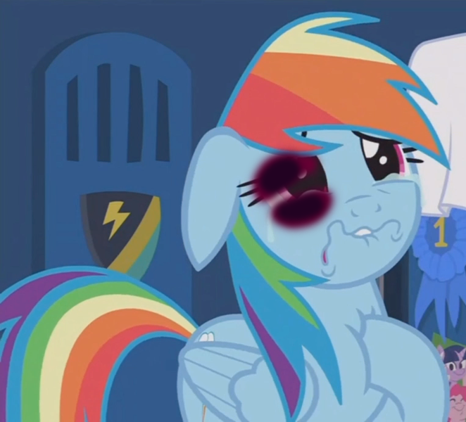 Size: 763x692 | Tagged: semi-grimdark, derpibooru import, edit, edited screencap, screencap, rainbow dash, pony, parental glideance, abuse, abuse edit, background pony strikes again, black eye, crying, dashabuse, downvote bait, edgy, poor rainbow dash, sad, solo, why