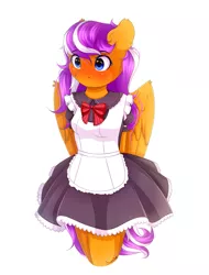 Size: 1933x2542 | Tagged: anthro, anthro oc, artist:sweesear, blushing, bowtie, clothes, cute, derpibooru import, dress, ear fluff, female, hands behind back, maid, mare, oc, oc:digidrop, pegasus, safe, solo, unofficial characters only, wing fluff