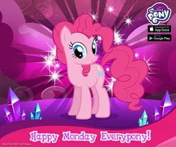 Size: 940x788 | Tagged: safe, derpibooru import, official, pinkie pie, pony, facebook, gameloft, happy, monday, my little pony logo, pink, solo