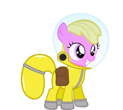 Size: 3037x2729 | Tagged: safe, artist:aborrozakale, derpibooru import, oc, oc:puppysmiles, unofficial characters only, earth pony, pony, fallout equestria, fallout equestria: pink eyes, fanfic, fanfic art, female, filly, foal, hazmat suit, high res, hooves, saddle bag, simple background, smiling, solo, teeth, transparent background, vector