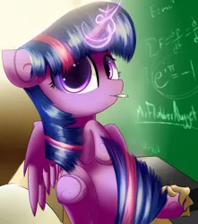 Size: 3000x3400 | Tagged: safe, artist:a8f12, derpibooru import, twilight sparkle, twilight sparkle (alicorn), alicorn, human, pony, chalk, chalkboard, cute, holding a pony, magic, physics, spread wings, wings