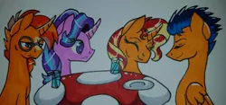 Size: 1024x478 | Tagged: safe, artist:bleedingwings12, derpibooru import, flash sentry, starlight glimmer, sunburst, sunset shimmer, pony, curved horn, dish, female, flashimmer, male, mushroom table, shipping, straight, traditional art