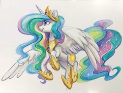 Size: 1243x941 | Tagged: safe, artist:dawnfire, derpibooru import, princess celestia, alicorn, pony, beautiful, commission, copic, crown, cutie mark, ethereal mane, ethereal tail, female, flowing mane, flowing tail, flying, hoof shoes, jewelry, majestic, mare, marker drawing, multicolored mane, multicolored tail, open mouth, peytral, praise the sun, pretty, purple eyes, regalia, royalty, simple background, smiling, solo, sparkles, spread wings, tiara, traditional art, white background